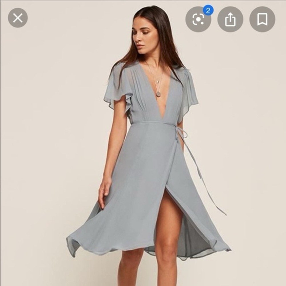 Reformation Frances Blue Gray Wrap Midi Dress with Flutter Sleeves size small